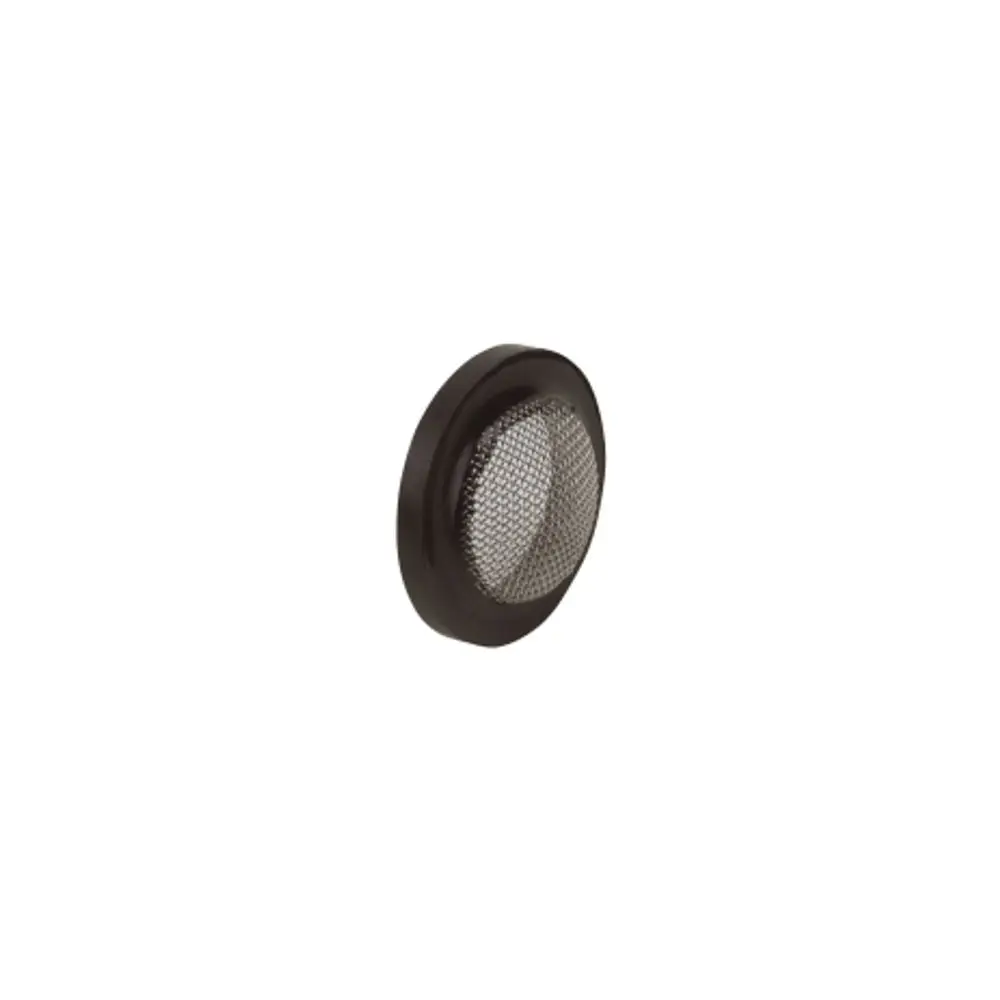 Schmutzfangsieb von Hansgrohe, rund mit einem Gitter aus Metall in der Mitte und einem schwarzen Rand, auf weißem Hintergrund.